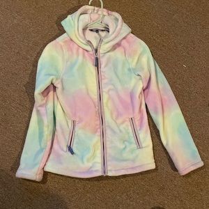 Multi colored Lands End fleece zipped jacket /size large /very good cond